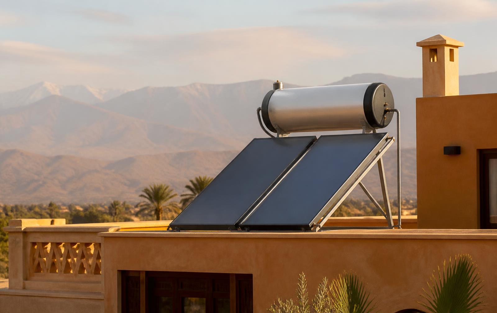 Chauffe-eau solaire thermosiphon installé sur la terrasse d'une villa au Maroc, capteur plan et ballon horizontal